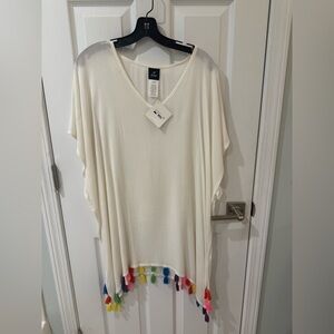 Echo Cream Swim cover up with Short Sleeves and Colorful Tassels